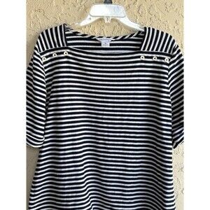 Liz Claiborne Texture Knit Black Off White Striped Women's XL Stretch Blouse